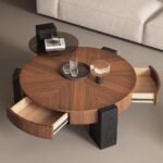Luxury Round Walnut Coffee Table with Storage Drawers - Image 3
