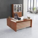 Modern Executive Office Desk with Side Credenza – White & Walnut Finish - Image 4