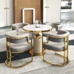 Luxury Gold Round Dining Table Set with 4 Upholstered Chairs - Image 7