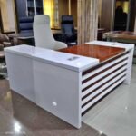 Modern Executive Office Desk with Side Credenza – White & Walnut Finish