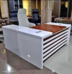 Modern Executive Office Desk with Side Credenza – White & Walnut Finish - Image 2